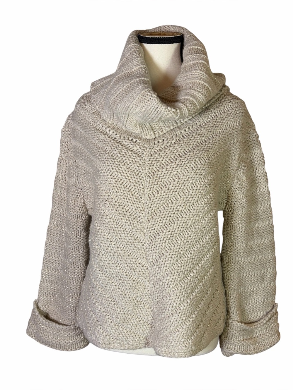 Vintage Henri Lloyd Metallic Shimmer Cowl Neck Sweater Chevron Knit M Fisherman